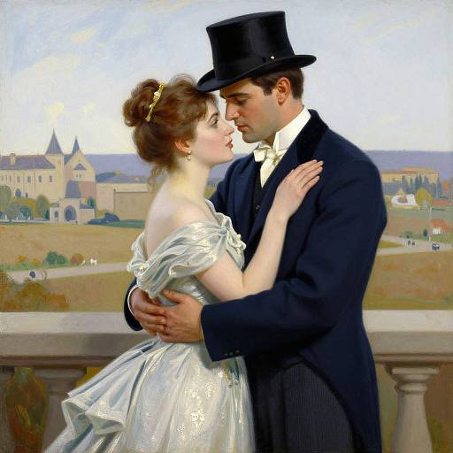 Digital painting of a romantic couple in Victorian attire, he in a black top hat and tuxedo, she in a silver off-shoulder gown