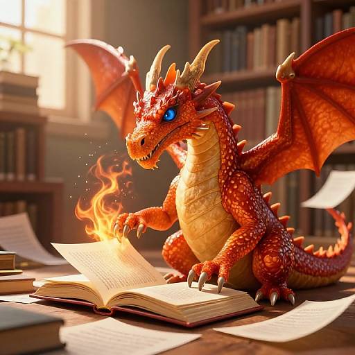 Vibrant Orange Dragon in Sunlit Library