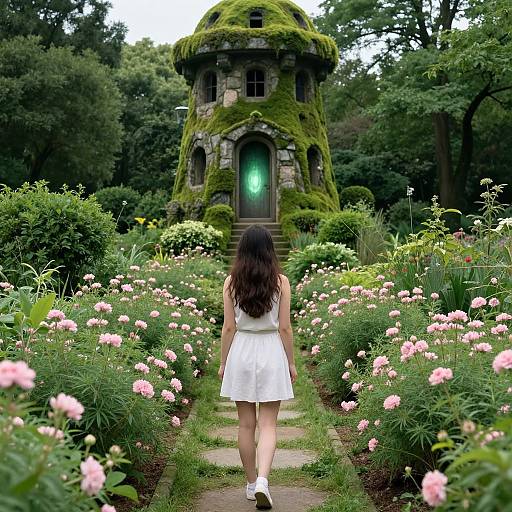 Photograph of a woman with long brown hair in a white dress, walking through a pink flower garden to a moss-covered stone gazebo with a glowing