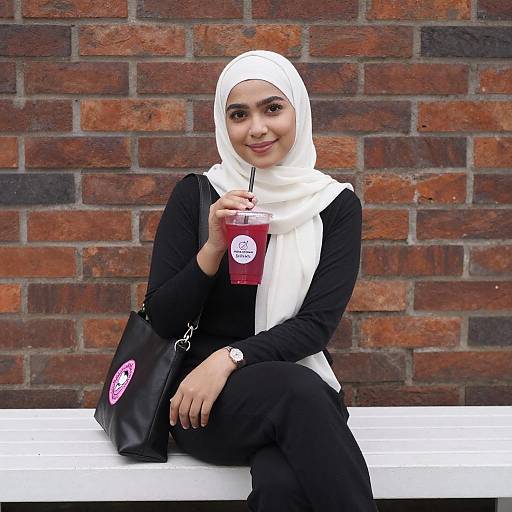 Smiling Woman in White Hijab with Red Cup