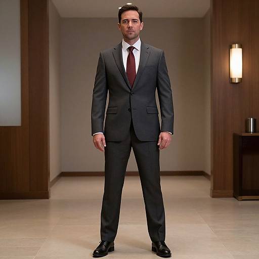 Photograph of a handsome man in a dark navy suit, white shirt, and maroon tie, standing confidently in a modern, dimly lit hallway