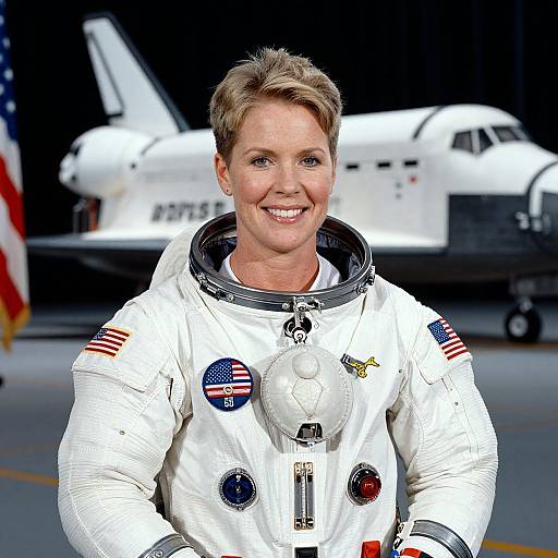 Photograph of a smiling, short-haired woman in a white NASA spacesuit standing in front of a Space Shuttle on a runway. American flags and NASA
