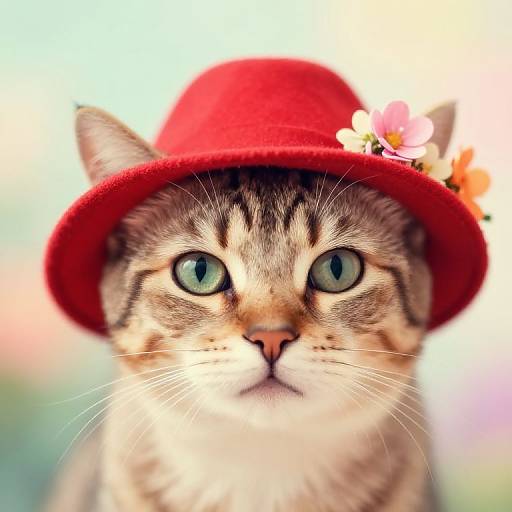 Curious Cat in Floral Red Hat