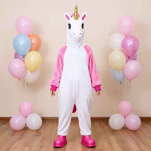Photograph of a child in a white unicorn costume with pink jacket and shoes, standing in front of pastel balloons.