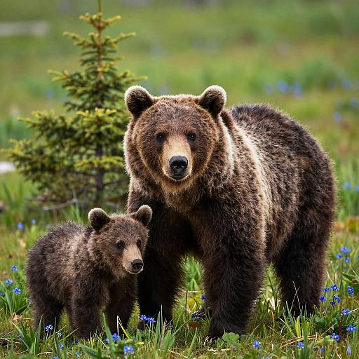 Brown Bear and Cub in Meadow