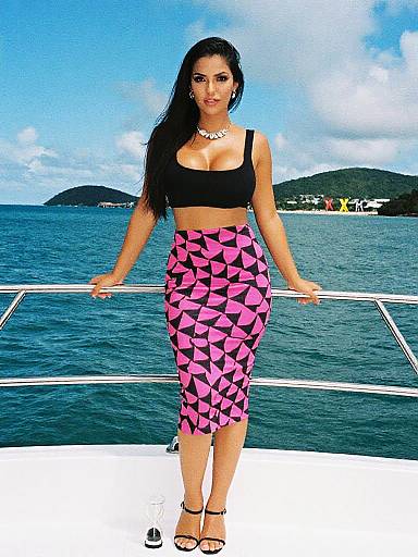 Photograph of a confident woman with long black hair, wearing a black crop top and pink geometric-patterned skirt, standing on a boat deck with blue