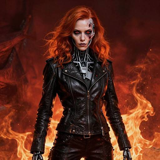 Photograph of fierce red-haired woman with cybernetic eye, black leather jacket, and dark pants, standing in fiery background. Intense, go