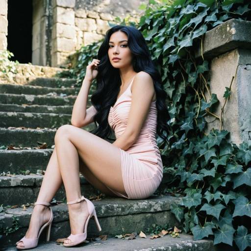 Woman in Pastel Pink Dress on Ivy-Covered Stone Steps