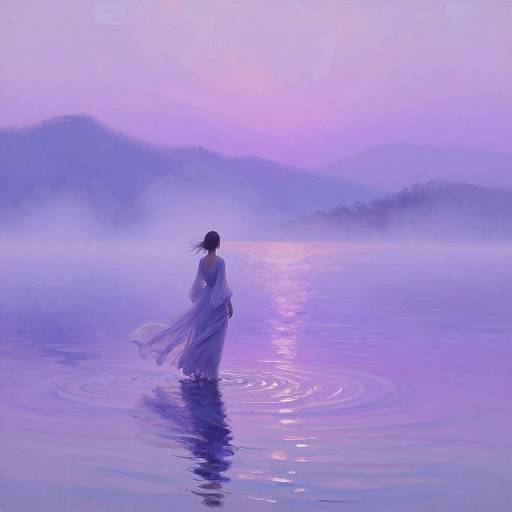 Ethereal photograph of a woman in a flowing white dress standing in a misty, purple-hued lake, with ripples and distant mountains in