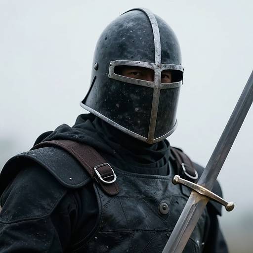 Photograph of a medieval knight in black armor, wearing a full-face steel helmet with a narrow eye slit, holding a sword, against a cloudy white