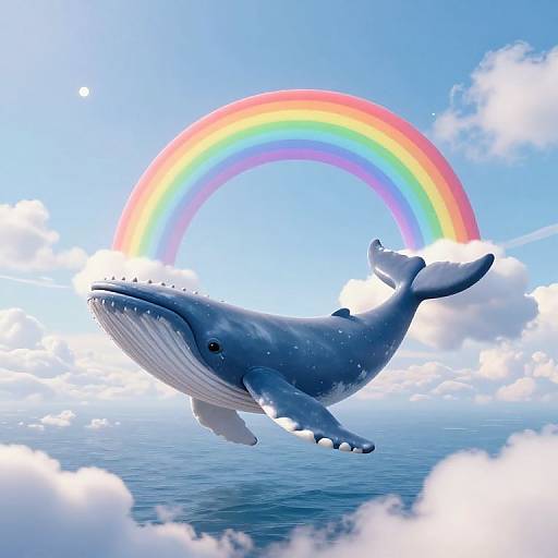Digital artwork of a blue whale soaring above the ocean, surrounded by clouds, with a vibrant rainbow arching in the bright blue sky.