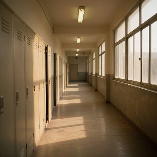 Photograph of a sunlit, empty school hallway with beige lockers on the left, large windows on the right, and fluorescent lights overhead.