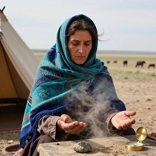 Photograph of an elderly woman in a blue patterned headscarf, smoking a pipe near a tent in a grassy, open field with grazing