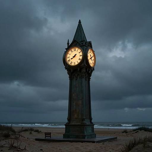 Photograph of a dark, stormy beach scene with a glowing, Victorian-style clock tower standing prominently in the foreground.