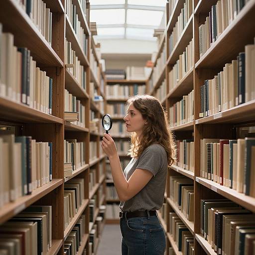 Photograph of a curly-haired woman in a gray t-shirt and jeans, holding a magnifying glass, browsing books in a library aisle.
