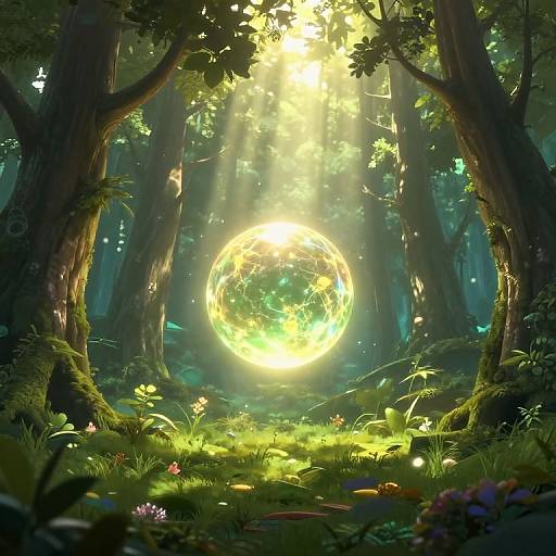 Digital artwork of a sunlit forest with a glowing, radiant sphere at its center, surrounded by lush greenery and vibrant flowers.