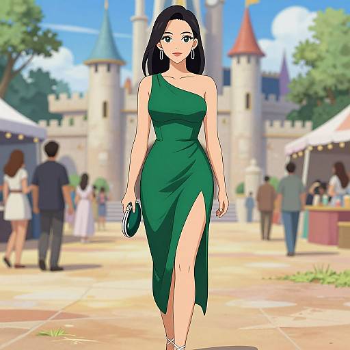 Digital anime-style drawing of a confident woman with long black hair in a green, one-shoulder, high-slit dress, holding a small clutch