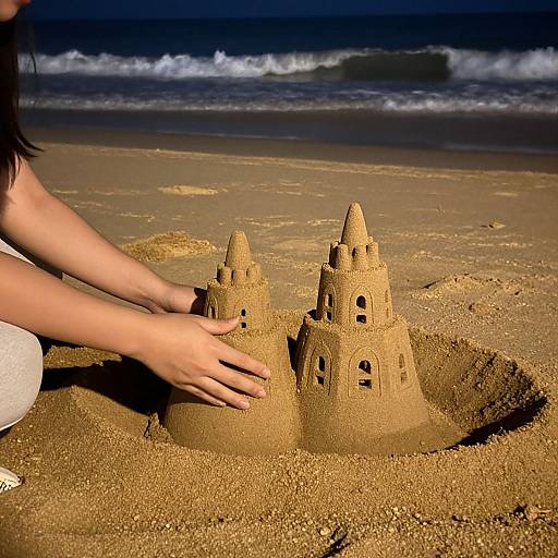 Photograph of a woman's hands building intricate sandcastle towers on a sunny beach, with waves crashing in the background.