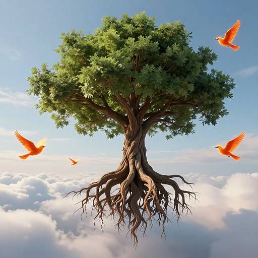 Digital artwork of a tree with sprawling roots floating above fluffy clouds, surrounded by vibrant orange birds against a bright blue sky.