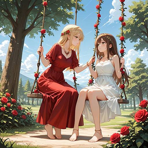 Two Girls on Flower-Adorned Swings Outdoors