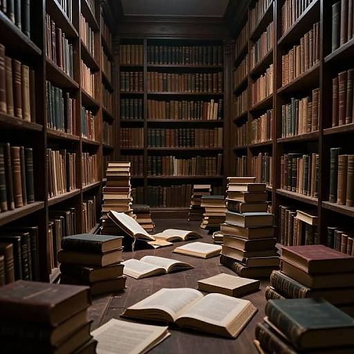Photograph of a dimly lit, narrow library aisle filled with stacked books and open volumes on a dark wooden floor.