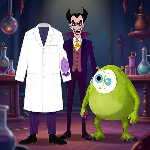 Cartoon image of a sinister scientist with black horns in a dark suit and yellow tie, standing beside a green, wide-eyed, blob-like creature in