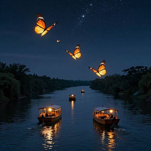 Photograph of a nighttime river tour with three illuminated boats, surrounded by glowing orange butterflies under a starry sky.
