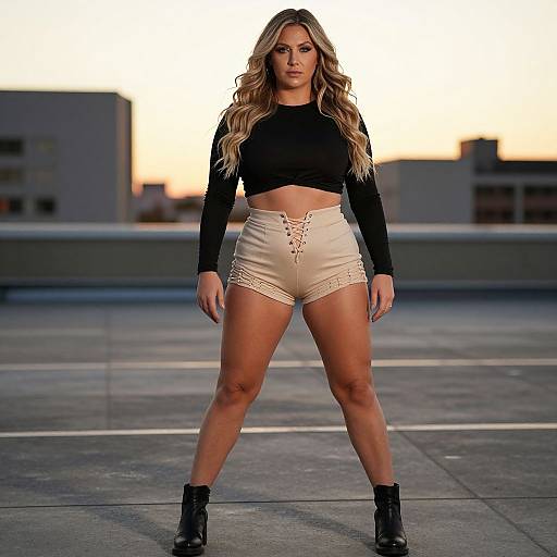 Photograph of a blonde woman with long wavy hair, wearing a black crop top and beige lace-up high-waisted shorts, standing confidently on