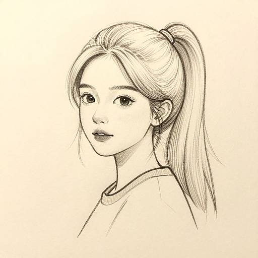 Monochrome pencil drawing of a young woman with long hair in a ponytail, wearing a simple shirt, looking over her shoulder.