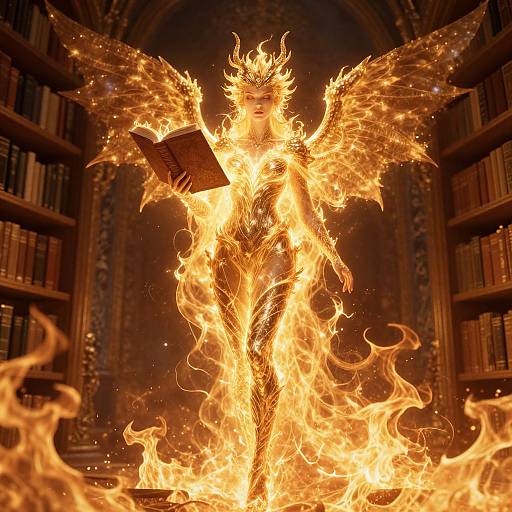 Photograph of a fiery, winged, humanoid figure with glowing eyes, holding an open book, standing amidst a blazing inferno in a dimly