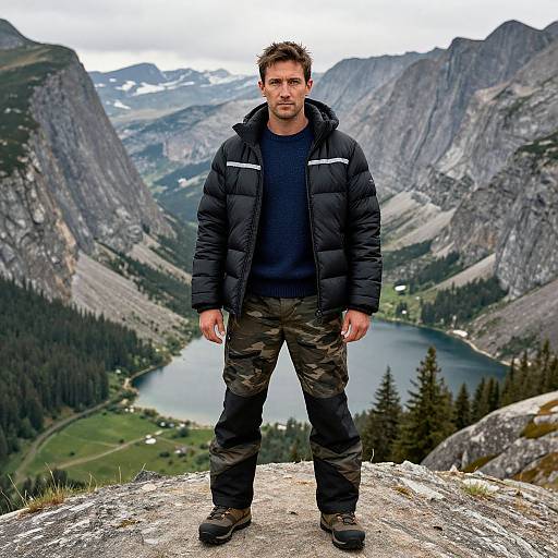 Photograph of a bearded man in a black puffer jacket, dark sweater, and camo pants, standing on a rocky mountain ledge with a