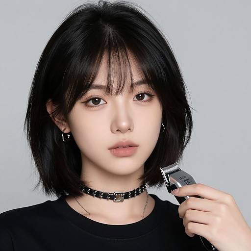 Digital portrait of an Asian woman with black shoulder-length hair, black choker, holding a hairclip, wearing a black shirt, light blue background.