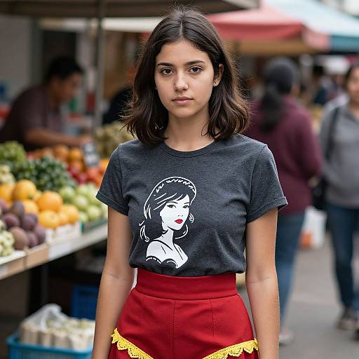 Young Woman in Vibrant Market Scene