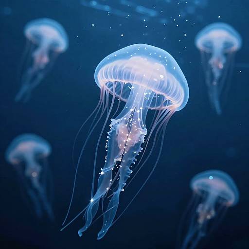 Photograph of glowing blue jellyfish with translucent bell and long, flowing tentacles in a dark blue underwater setting.