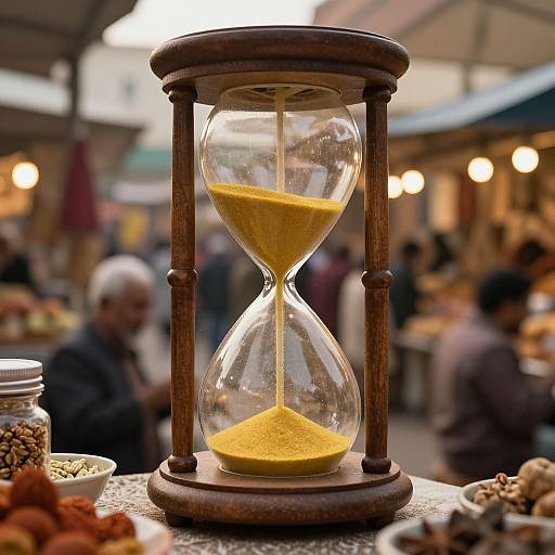 Photograph of a wooden hourglass with yellow sand, centered on a market stall table, blurred market background with people and lights.