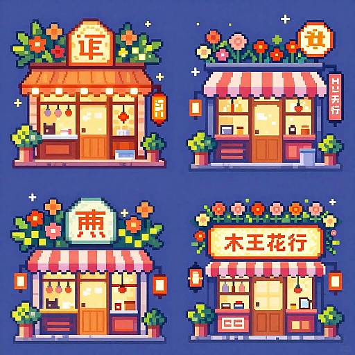 Pixel art of four colorful Asian-style shops with red and white awnings, floral decorations, lanterns, and Chinese characters on signs.