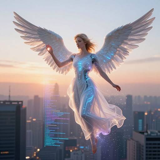 Digital artwork of a glowing angelic woman with white wings, flowing blue and white dress, floating above a cityscape at sunset.