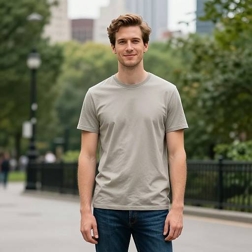 Photograph of a young, white man with short, brown hair, wearing a light gray t-shirt and blue jeans, standing outdoors in a blurred park