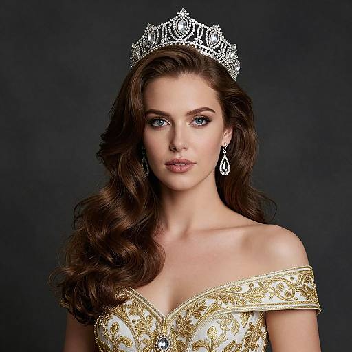 Photograph of a fair-skinned, blue-eyed woman with long brown hair, wearing an ornate gold and white off-shoulder dress, silver