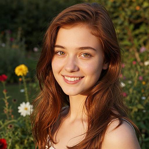 Photograph of a smiling young woman with fair skin, brown wavy hair, green eyes, wearing a sleeveless top, in a sunlit garden