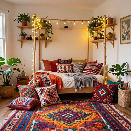 Cozy bohemian bedroom with colorful patterned pillows, string lights, wooden shelves, potted plants, and vibrant rug, illuminated by natural light