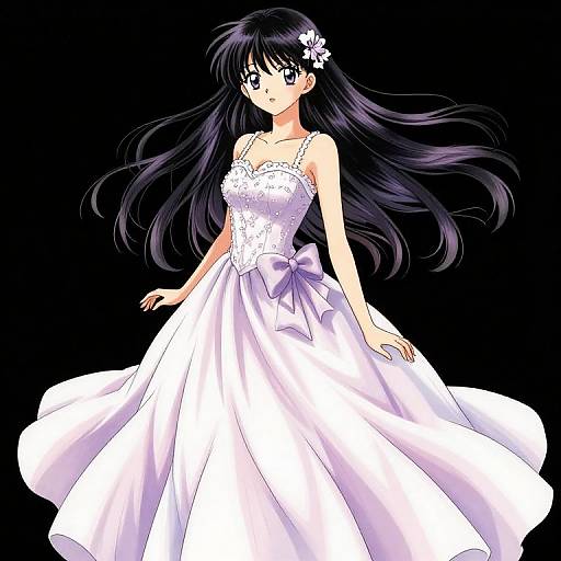 Anime-style drawing of a beautiful girl with long black hair, wearing a white, lace-trimmed, strapless wedding dress with a large purple bow