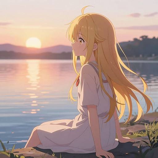 Anime-style digital drawing of a blonde girl with long hair, wearing a white dress, sitting by a sunset-lit lake, gazing at the water