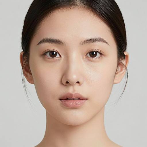 Photograph of a young Asian woman with fair skin, straight black hair, brown eyes, and natural makeup, against a white background.