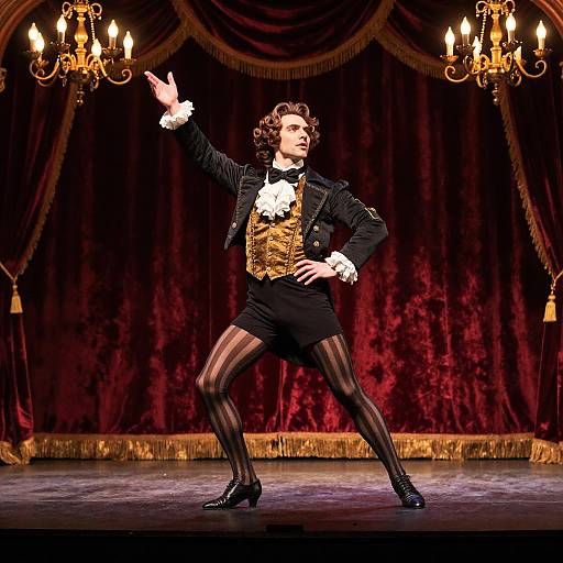 Photograph of a male performer in an elaborate 18th-century-style outfit, with striped black tights, gold vest, black jacket, and white