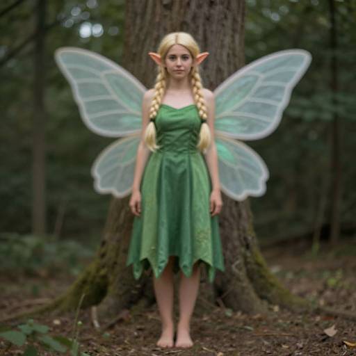 Photograph of a blonde, fair-skinned fairy with pointed ears, green dress, and translucent wings standing barefoot in a forest.