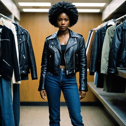 Woman in Leather Jacket and Jeans in Closet