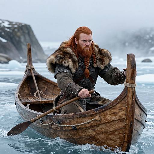 Photograph of a bearded, red-haired Viking with fur-lined armor rowing a wooden boat in icy, snowy waters, holding a wooden oar