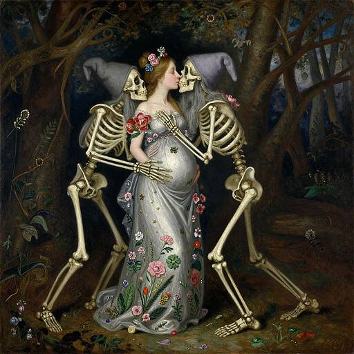 Digital painting of a pregnant woman in a floral gown, embraced by two skeletal figures adorned with flowers, in a dark, enchanted forest.