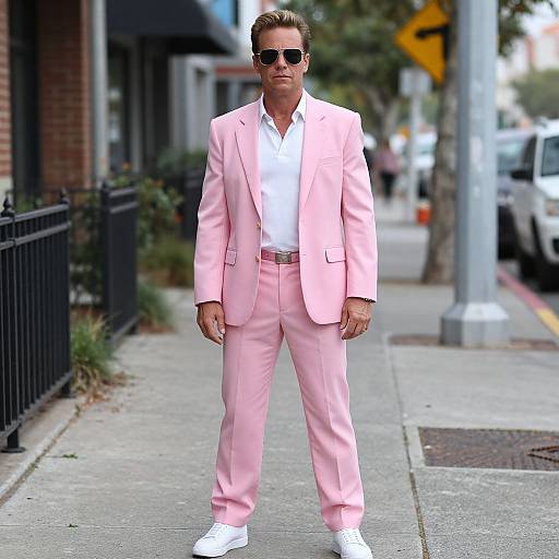 Photograph of a man in a pink suit, white shirt, white sneakers, and black sunglasses standing on a city sidewalk.